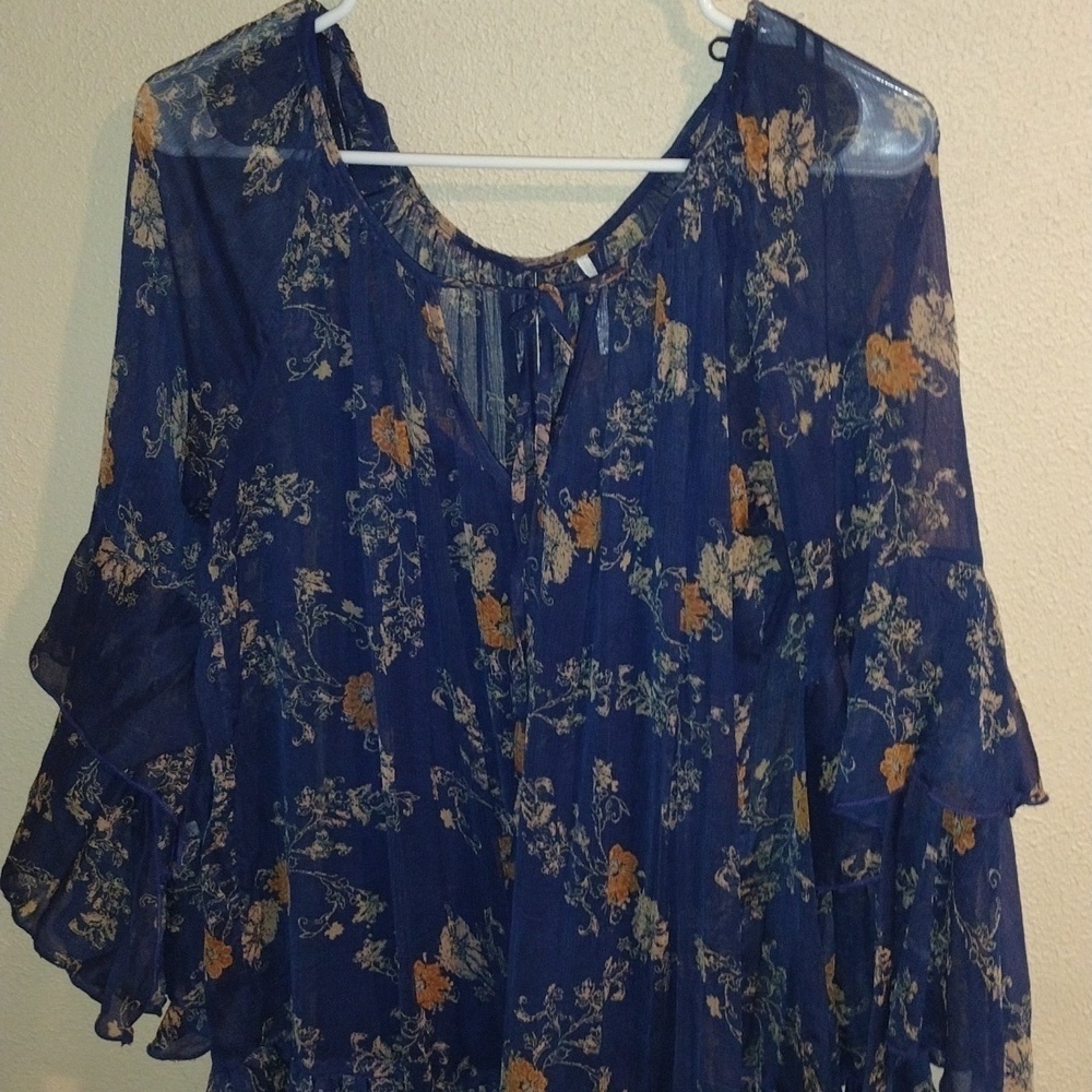 Free People Navy Blue Floral Sunsetter Mini Dress/Tunic Bell Sleeves M - Picture 2 of 6